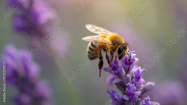 Fototapeta Amidst the soft hues of lavender, a solitary bee finds its nectar source, embodying the delicate balance of nature