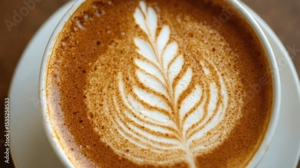 Fototapeta An intricate leaf design graces the surface of a freshly brewed latte art coffee cup