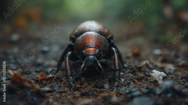 Fototapeta A solitary beetle explores its natural habitat, surrounded by the subtle textures of a forest floor