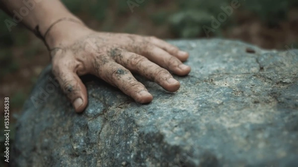 Fototapeta A human hand rests gently on a weathered rock, hinting at the passage of time and the enduring presence of nature
