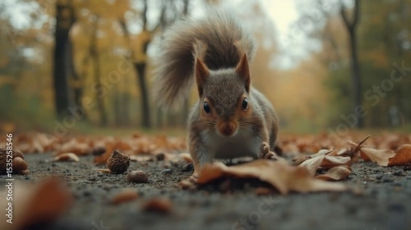 Fototapeta A curious squirrel explores its autumnal forest, surrounded by fallen leaves and a softly blurred backdrop of trees