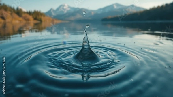 Fototapeta A Water Droplet Splashes into a Serene Lake with Mountainous Backdrop