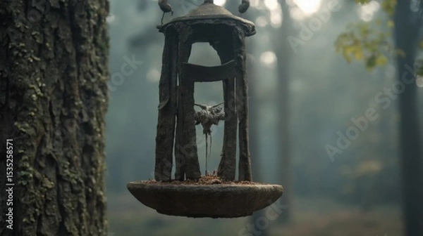 Fototapeta A solitary birdhouse hangs in a misty forest, its silhouette stark against the dappled light