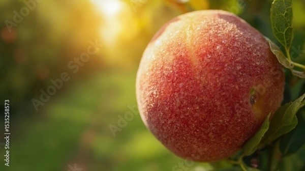 Fototapeta A Close-Up of a Ripe Peach on a Sunlit Branch