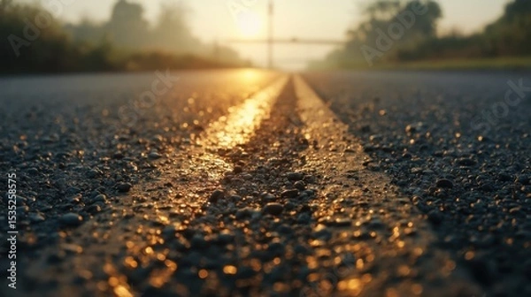 Fototapeta A Roadway Through Reflections This caption encapsulates the essence of the image, highlighting the beauty of nature and the tranquility that comes with a fresh start at dawn