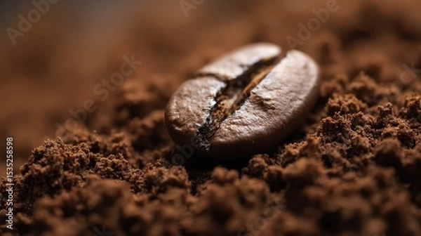 Fototapeta A lone coffee bean rests on rich brown soil, its crisp lines a testament to nature's artistry