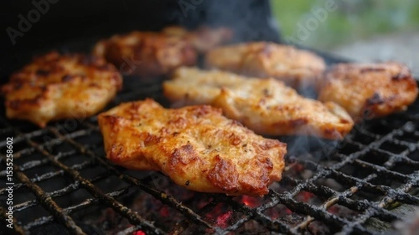Fototapeta A Close-Up of Grilled Chicken Breasts on a Barbecue Grill