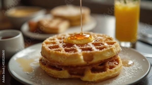 Fototapeta Syrup drizzles onto freshly made waffles on a rustic wooden table, ready to be savored with a glass of orange juice in the background