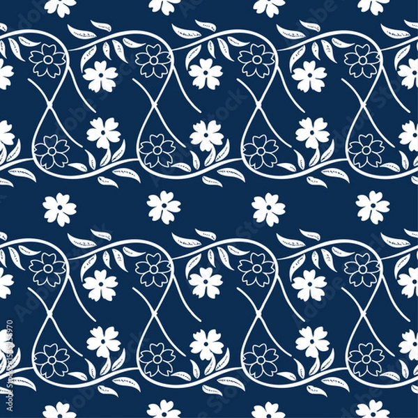 Fototapeta Stylized White Floral Vines Seamless Pattern on Deep Navy Background