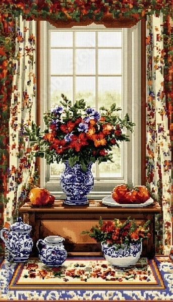 Fototapeta Window display with flowers and fruit.