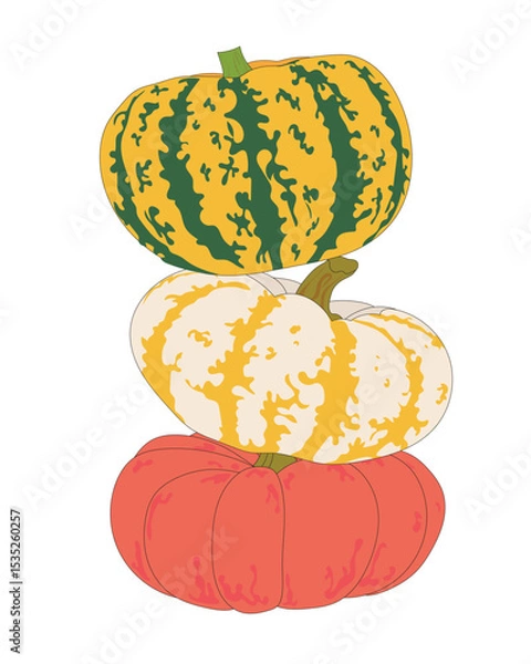Fototapeta Flat-style illustration of three stacked colorful pumpkins. Great for Thanksgiving, seasonal decorations, fall harvest events, and digital or print graphics