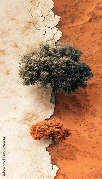 Obraz Two contrasting trees on cracked earth, representing different environments.
