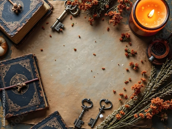Obraz Vintage Halloween Flatlay with Old Books and Candles: Flatlay of vintage Halloween items including worn spell books, melted candles, dried herbs, and antique keys arranged over brown parchment.