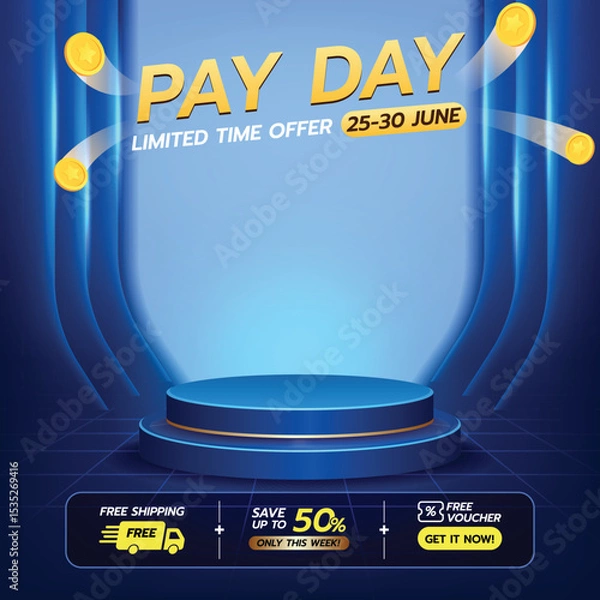 Fototapeta Pay Day Sale Background with Podium and Neon Blue Lights