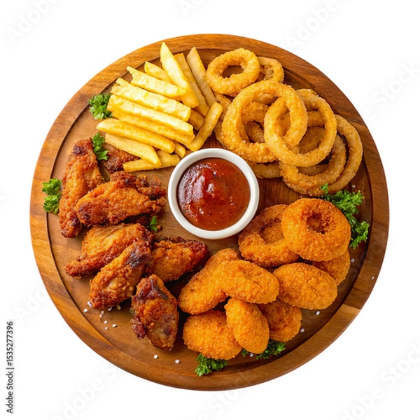 Obraz Fried Onion Rings, French Fries, and Ketchup Platter Isolated on Transparent Background