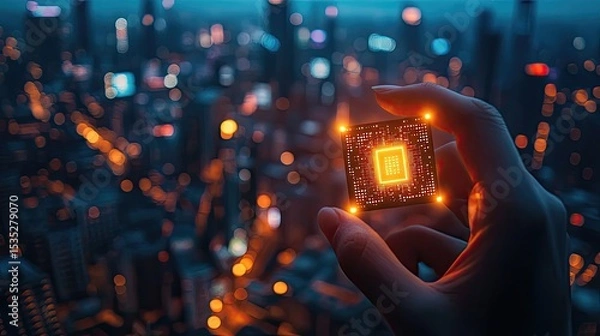 Fototapeta Hand holding glowing microchip over blurred cityscape at night