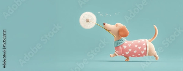 Fototapeta Cute cartoon dog in heart-pattern sweater sniffing dandelion on pastel background. Concept of lightness, springtime mood, and soft airy illustration with copy space
