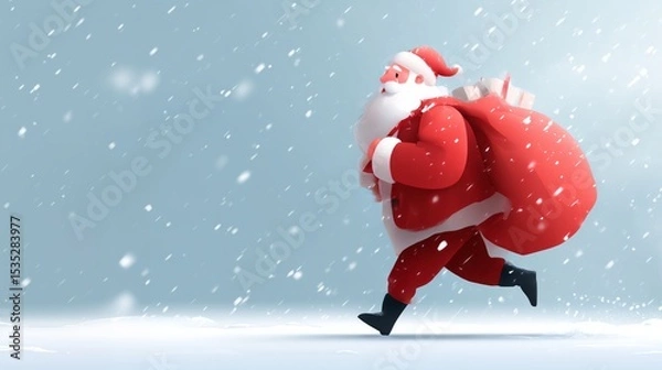 Fototapeta Running Santa Claus in snowstorm with gift sack and blank sky background. Concept of Christmas greeting card with copy space for message and festive delivery theme