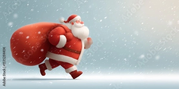 Fototapeta Running cartoon Santa Claus with large red sack in snowy weather. Concept of Christmas card with copy space for text and festive design for greetings