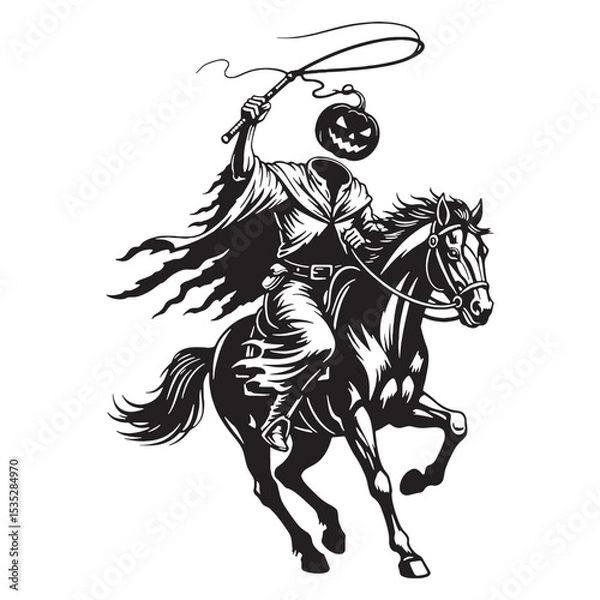 Fototapeta This Darkened Dullahan Headless Figure Depiction Outline, Rides Across a Strange Landscape - dullahan silhouette - dullahan vector - silhouette of dullahan - Dullahan illustration
