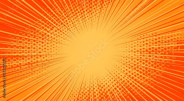 Fototapeta Dynamic orange comic book background with radial lines and halftone effect illustration