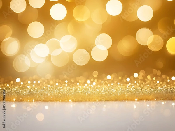 Obraz Golden abstract festive bokeh background with soft glowing lights, elegant texture, modern design pattern, and vibrant warm colour tones for wallpaper or template use – AI
