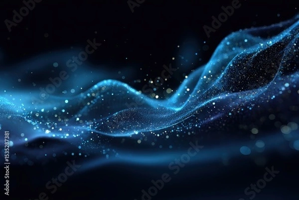 Fototapeta Blue digital wave on dark backdrop with sparkling cosmic particles for contemporary website themes and innovative design solutions