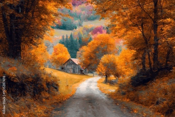 Fototapeta Rustic autumn scenery with colorful leaves enveloping a peaceful rural pathway