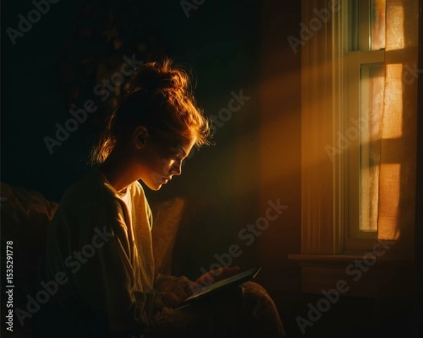 Fototapeta Digital Wellness for Gen Z with cinematic glow on a teen journaling offline by window, cinematic mood & lighting