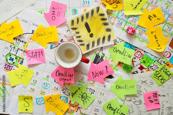 Obraz Calendars with business appointments, deadline notice and adhesive notes on cluttered desk. Business concept,beat the clock,stress,overwoked,bureaucracy
