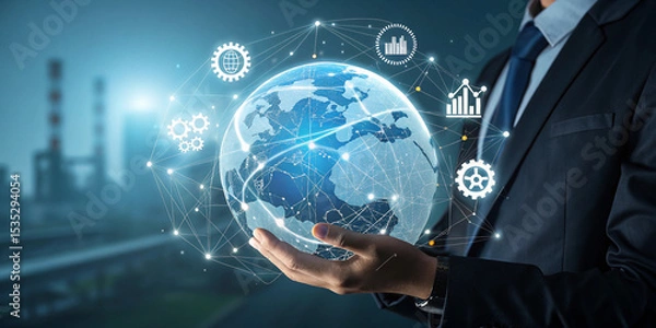 Fototapeta The Businessman Holds a Global Industry 4.0 Sphere for Innovation