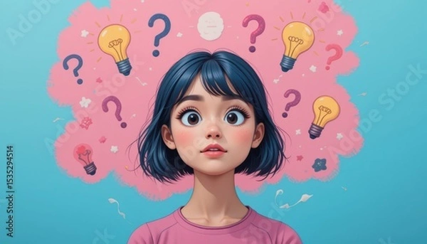 Obraz Curious young girl with blue hair surrounded by light bulbs and question marks in a colorful illustration