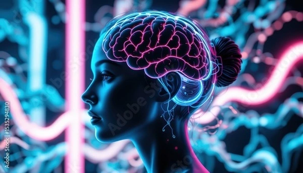 Obraz Futuristic Profile of a Woman with Neon Brain Illustration and Digital Neural Connections in Background