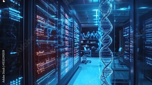 Fototapeta Data center with server racks displaying data and a dna helix