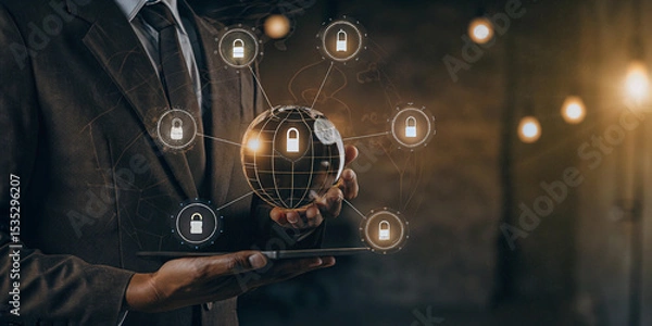 Fototapeta Backup: Businessman Holds a Global Structure Required for Data Security
