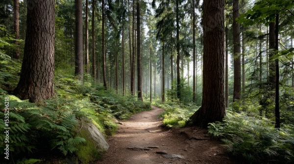 Fototapeta Beautiful forest background for screensaver. with sunbeams. Calm close-up of fairytale forest and nature landscape, panorama. Summer vacation, holiday, amazing nature.