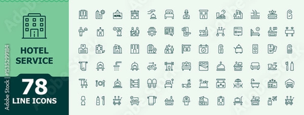Fototapeta Hotel Service icon set in linear style. Restaurant icon. Minimalist icons collection. Related to restaurant, hotel, fast, room service, travel, service and more. Editable stroke. Vector collection.