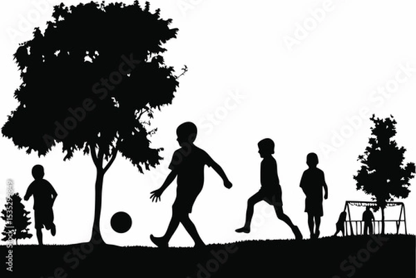 Fototapeta Silhouette of children playing soccer in a park with trees and a swing set.