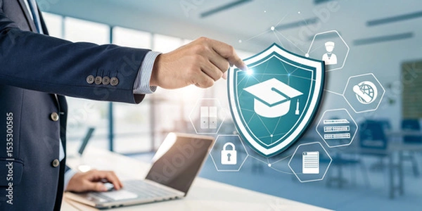 Fototapeta Businessman Hand Touches a Shield for E-Learning Safety and Security