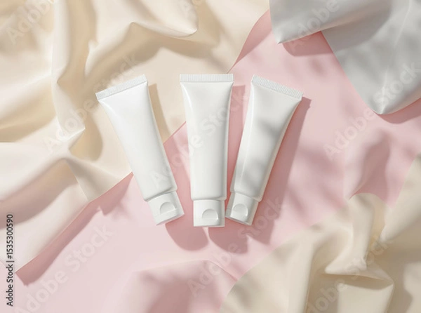 Fototapeta Flat lay of blank cosmetic tubes on layered pastel paper shapes, gentle shadows

