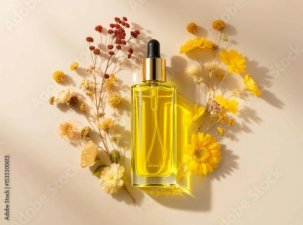 Fototapeta Luxurious oil bottle surrounded by dried flowers and soft shadows on beige background

