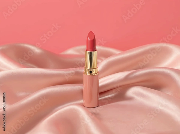 Fototapeta Matte lipstick lying on silky fabric, color coordinated background

