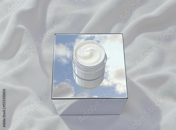 Fototapeta Simple top view of faceless balm jar on mirror cube with sky reflection

