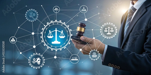 Fototapeta Businessman Holds Legal Technology Network Connection for Digital Solutions