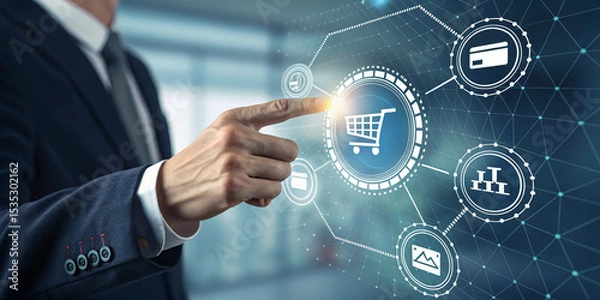 Fototapeta Businessman’s Hand Touching the Virtual Graphic for Innovative Solutions