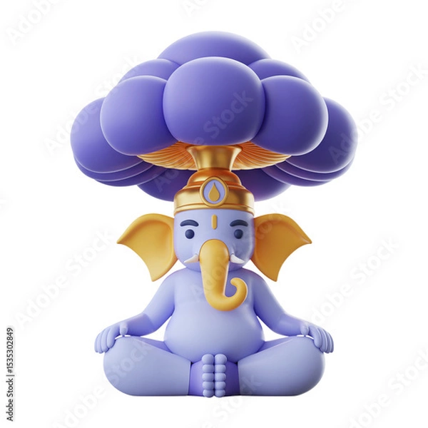 Fototapeta Cute Cartoon Ganesha Deity Meditating Under Mushroom Cloud