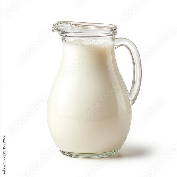 Fototapeta A glass milk jug filled with white, smooth milk on an isolated background