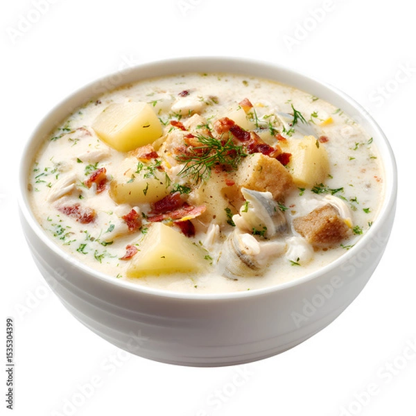 Fototapeta New England clam chowder with chunks of clam and potato, creamy texture, served in a deep white bowl, isolated on white background