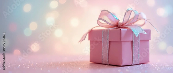 Fototapeta  Beautifully wrapped gift box with iridescent bow against pastel, sparkling background. ideal for holiday celebrations, giftthemed designs, and festive greeting cards