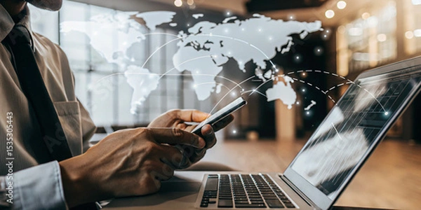 Fototapeta Businessman Using Laptop and Mobile on Global Network for Enhanced Communication
